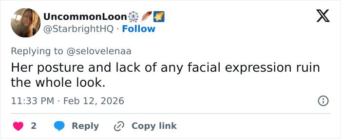 Tweet criticizing Hailey Bieber's posture and expression in wearing lingerie at the Wuthering Heights premiere sparking backlash.