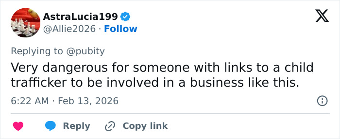 Tweet warning about dangers of someone linked to a child trafficker involved in business amid Epstein files controversy. Tweet warning about dangers of someone linked to a child trafficker involved in business amid Epstein files controversy.