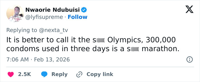 Tweet about Olympic Village c****m use, highlighting 300,000 rubbers used in just three days during the event.