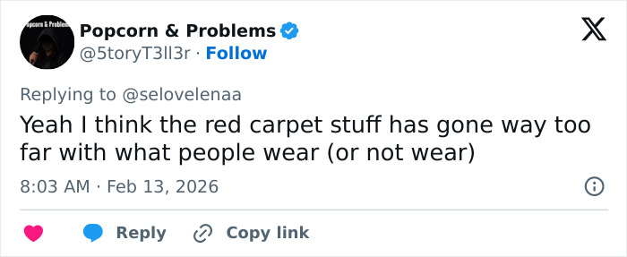 Tweet discussing red carpet fashion controversies related to wearing lingerie and public reactions.