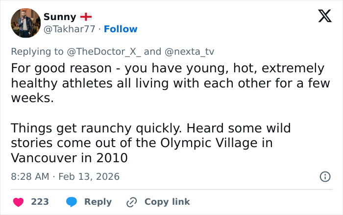 Tweet discussing young, healthy athletes causing wild scenes at the Olympic Village, referencing Vancouver 2010 stories.