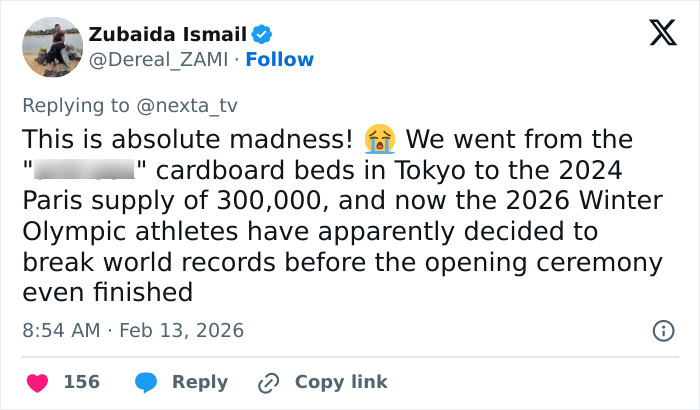 Tweet discussing Olympic Village running out of rubbers in three days with world record-breaking athlete supply demand.