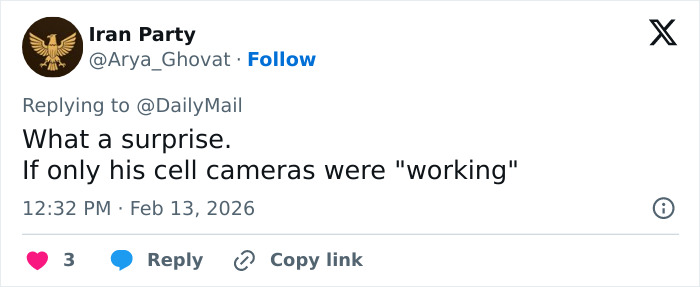 Screenshot of a Twitter reply discussing Jeffrey Epstein's post mortem with a comment on cell cameras not working. Screenshot of a Twitter reply discussing Jeffrey Epstein's post mortem with a comment on cell cameras not working.