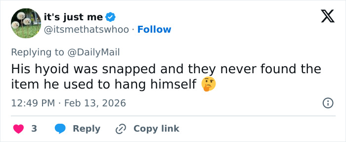 Tweet discussing a doctor's claim about Jeffrey Epstein's post mortem and details of how the financier passed. Tweet discussing a doctor's claim about Jeffrey Epstein's post mortem and details of how the financier passed.