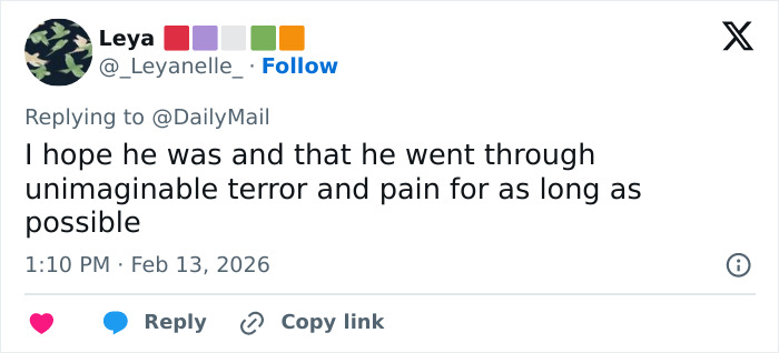 Tweet expressing hope about Jeffrey Epstein's passing, referencing terror and pain endured according to post mortem claims. Tweet expressing hope about Jeffrey Epstein's passing, referencing terror and pain endured according to post mortem claims.