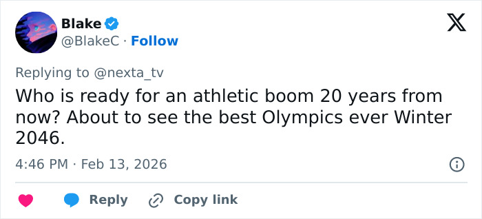 Tweet mentioning a predicted athletic boom and anticipation for the best Olympics in Winter 2046.