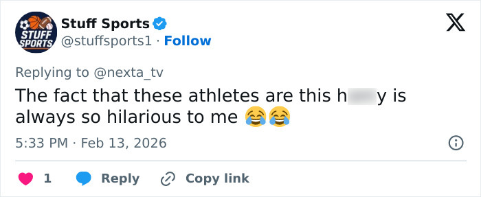 Tweet from Stuff Sports about Olympic Village chaos as athletes run out of rubbers, with laughing emojis and timestamp.