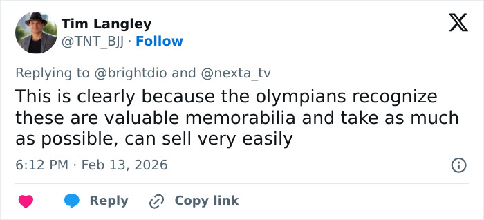 Tweet by Tim Langley discussing how Olympians treat rubbers as valuable memorabilia and take as many as possible.