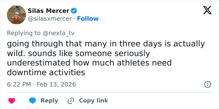 Tweet discussing athletes in the Olympic Village running out of rubbers within three days, highlighting surprising demand.