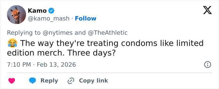 Tweet highlighting Olympic Village c****m shortage as athletes run out of rubbers within three days, causing a frenzy.