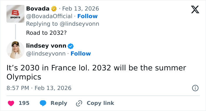 Tweet exchange between Lindsey Vonn and fan discussing future Olympic years after major update on Lindsey Vonn crash.