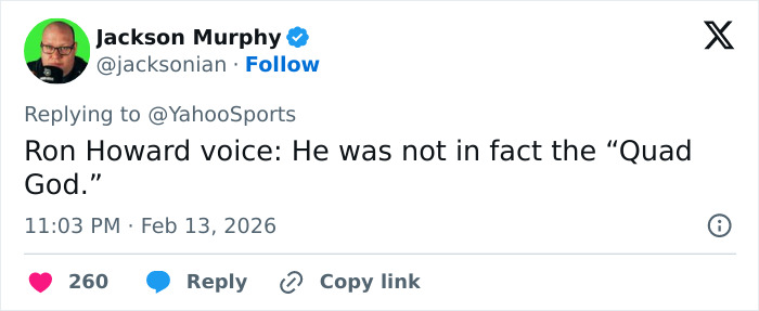 Tweet by Jackson Murphy referencing Ilia Malinin’s hot-mic reaction after a tough Olympic figure skating performance.