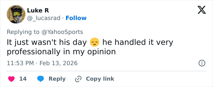 Tweet from user Luke R responding to Olympic event, expressing sympathy for Ilia Malinin’s hot-mic reaction after tough showing.