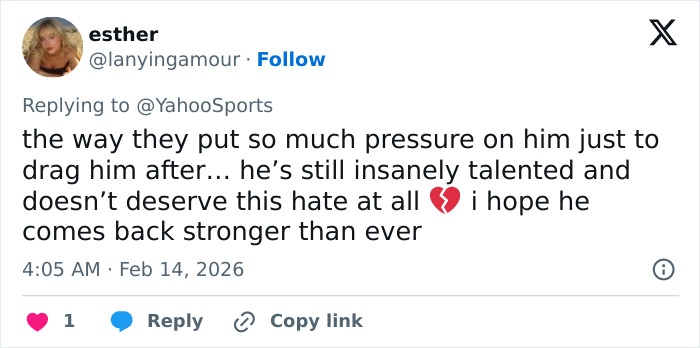 Twitter reply expressing support for Ilia Malinin’s hot-mic reaction after tough Olympic showing going viral.