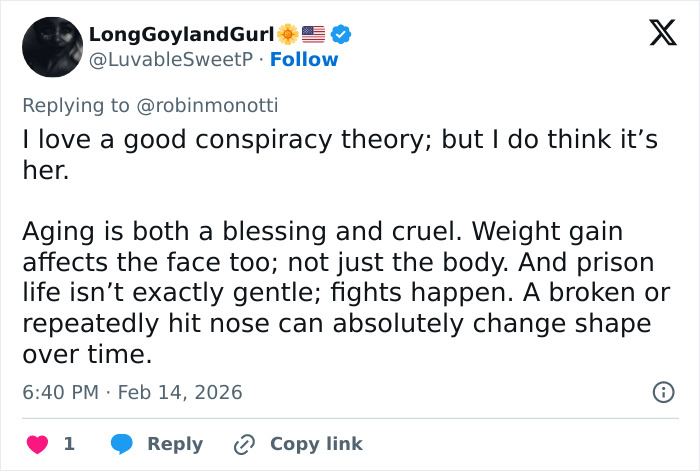 Tweet discussing conspiracy theory about Ghislaine Maxwell&rsquo;s prison appearance and changes due to aging and prison life.