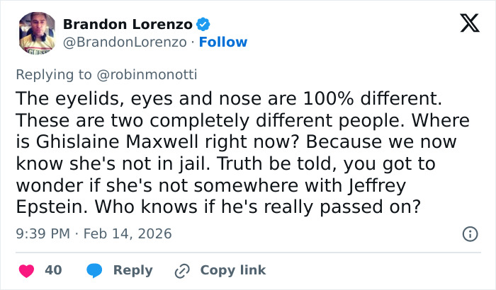 Social media user questions Ghislaine Maxwell&rsquo;s prison appearance, sparking viral theory among internet users.