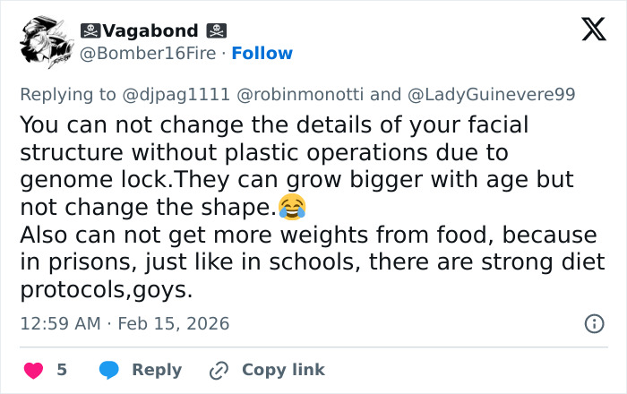 Tweet discussing facial structure and diet protocols in prisons amid internet users questioning Ghislaine Maxwell&rsquo;s prison appearance theory