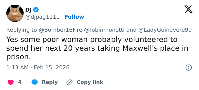 Tweet discussing theories and doubts about Ghislaine Maxwell&rsquo;s prison appearance and viral speculation among internet users.