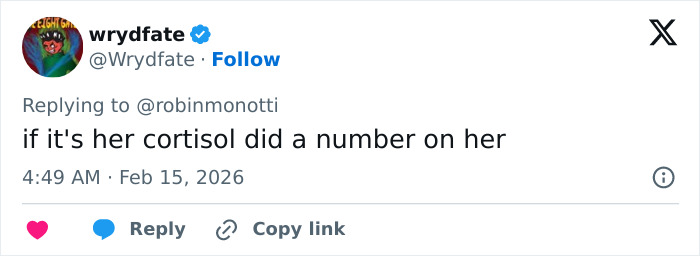 Tweet by user wrydfate replying about cortisol levels, related to viral theory on Ghislaine Maxwell&rsquo;s prison appearance questioned by internet users.