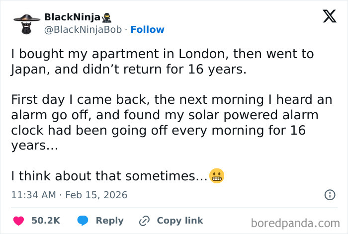 Chaotic and hilarious X post about a solar alarm clock going off for 16 years after long absence from apartment.