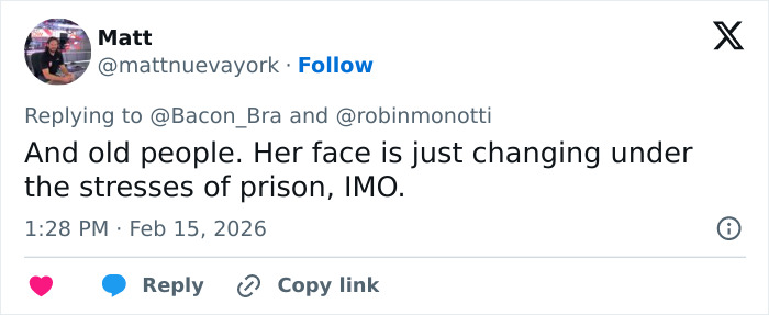 Social media post discussing internet users questioning Ghislaine Maxwell&rsquo;s prison appearance in viral theory.