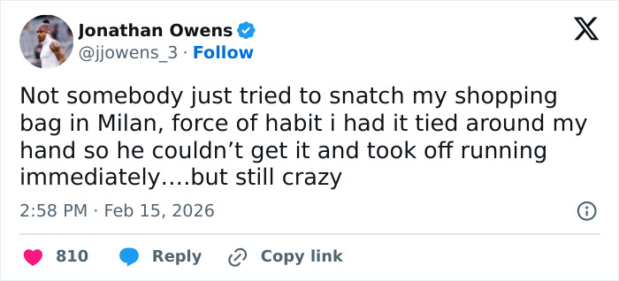 Tweet from Jonathan Owens describing an attempted theft incident involving Simone Biles and NFL husband at the Winter Olympics.