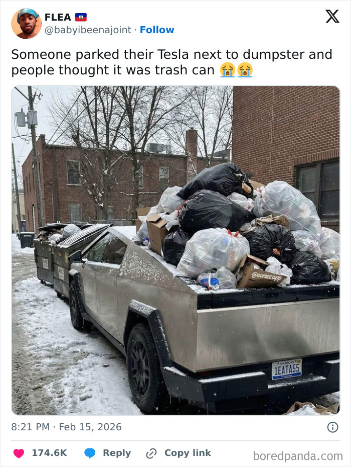 Tesla truck overloaded with garbage bags parked next to dumpsters, a chaotic and hilarious X post coping with humor in February.