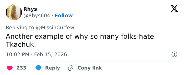 Tweet by Rhys criticizing Tkachuk during a hot-mic moment between Olympic hockey rivals sparking heated rivalry comparisons.