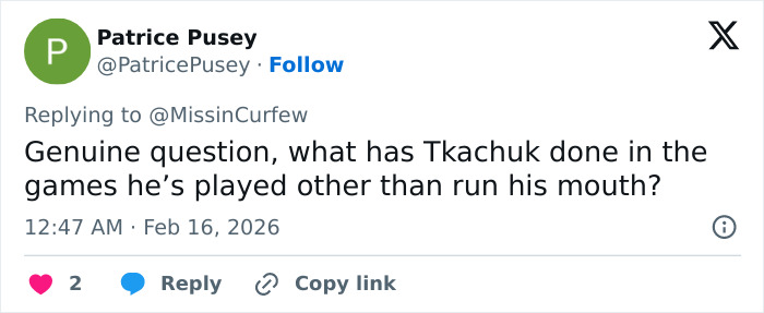 Tweet by Patrice Pusey questioning Tkachuk's performance, highlighting a hot-mic moment in Olympic hockey rivalry discussions.