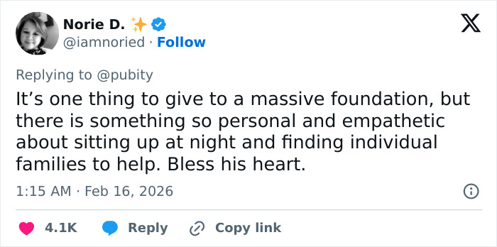 Tweet from Norie D. commenting on the personal and empathetic nature of Kunal Nayyar&rsquo;s GoFundMe revelation response.
