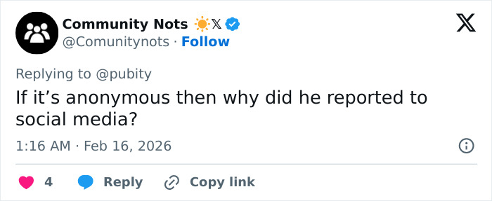 Screenshot of a Community Nots Twitter reply questioning the anonymity in Kunal Nayyar GoFundMe response.