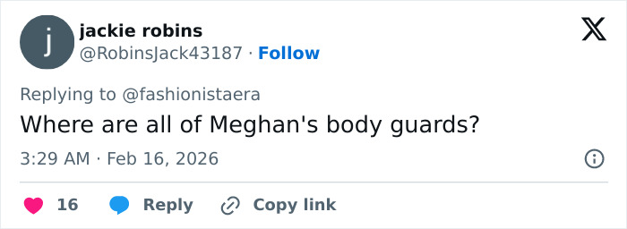 Tweet from user jackie robins questioning Meghan's bodyguards during NBA All-Star Game, highlighting Prince Harry's body language. Tweet from user jackie robins questioning Meghan's bodyguards during NBA All-Star Game, highlighting Prince Harry's body language.