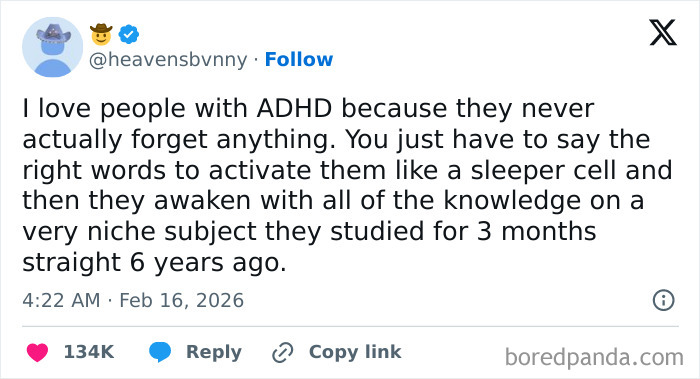 Screenshot of a chaotic and hilarious X post humorously describing how people with ADHD recall niche knowledge like sleeper cells.