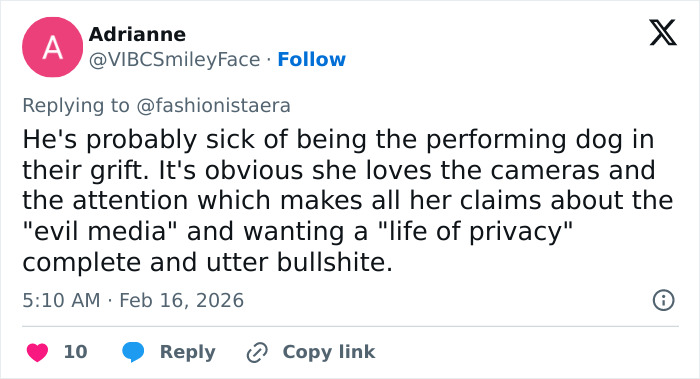 Tweet by user Adrianne expressing opinions on Prince Harry and Meghan Markle's media attention and privacy claims. Tweet by user Adrianne expressing opinions on Prince Harry and Meghan Markle's media attention and privacy claims.