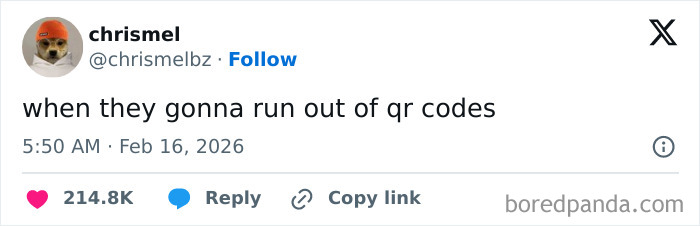 A humorous X post from February showing a tweet joking about running out of QR codes as part of chaotic and hilarious coping.