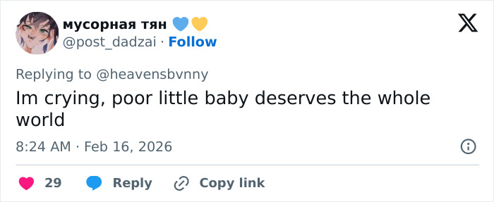 Tweet showing emotional reply expressing sympathy for a baby monkey with stuffed toy, highlighting its abandonment and viral attention.