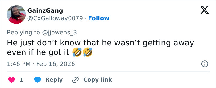 Tweet by user GainzGang reacting with humor about a crime involving Simone Biles and NFL husband at Winter Olympics.