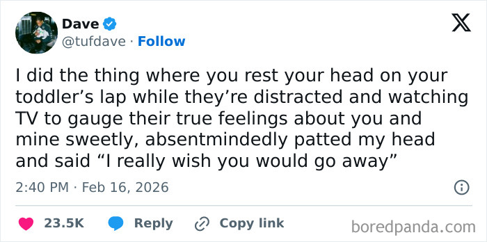 A humorous social media post showing a relatable parenting moment shared on X with chaotic and hilarious coping humor.