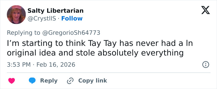 Tweet from user Salty Libertarian accusing Taylor Swift of lacking original ideas and copying content in the indie musician video dispute.