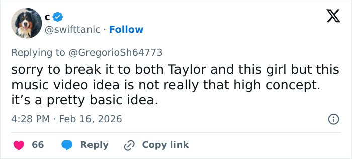 Screenshot of a Twitter reply discussing the music video idea and referencing the concept rip accusation.