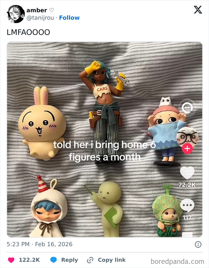 Six colorful toy figures on a striped cloth with humorous text, representing chaotic and hilarious X posts humor coping.