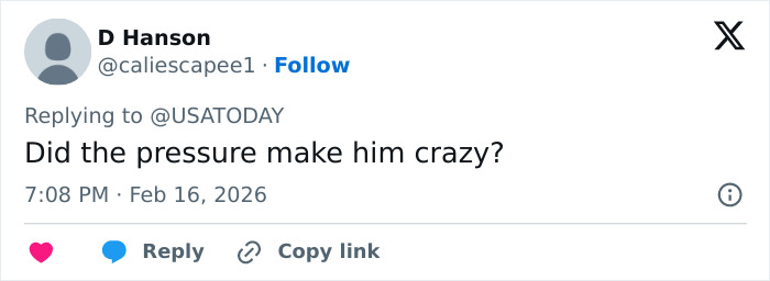 Twitter reply by user D Hanson questioning if pressure affected Ilia Malinin following his controversial comments.