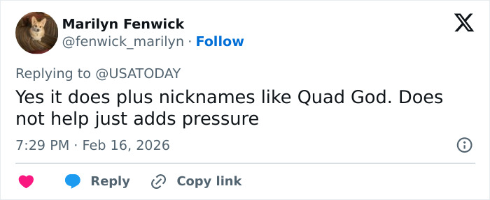 Tweet from Marilyn Fenwick discussing the pressure added by nicknames like Quad God amid Ilia Malinin controversy.