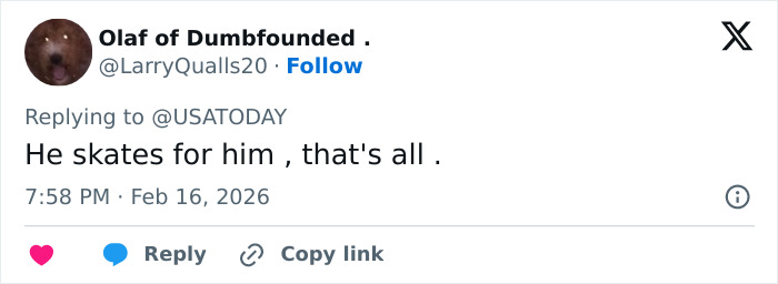 Social media comment reacting to Ilia Malinin's controversial comments with NBC Olympics president's clapping back.