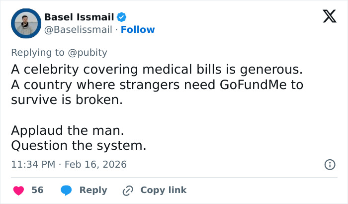 Tweet by Basel Issmail on GoFundMe reaction to Kunal Nayyar&rsquo;s support amid bleak public response in the healthcare system debate.