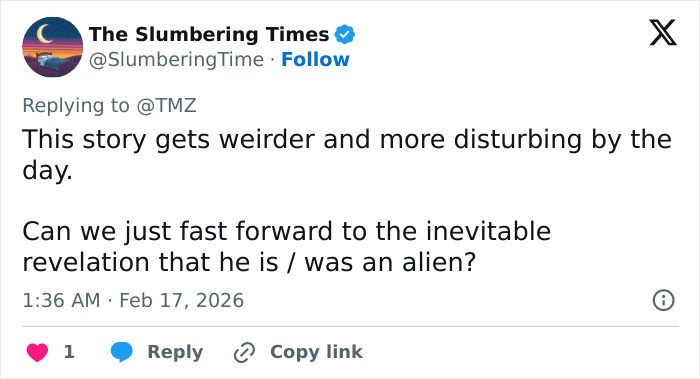 Tweet from The Slumbering Times commenting on disturbing developments related to Epstein emails about plants he grew. Tweet from The Slumbering Times commenting on disturbing developments related to Epstein emails about plants he grew.