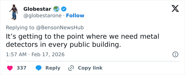 Tweet from Globestar discussing the need for metal detectors in public buildings amid transgender mom Roberta Esposito posts controversy.