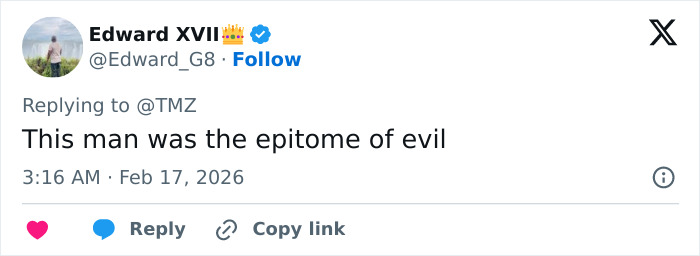 Screenshot of a tweet describing a man as the epitome of evil, related to new Epstein emails about horrifying plants. Screenshot of a tweet describing a man as the epitome of evil, related to new Epstein emails about horrifying plants.