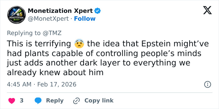 Tweet discussing Epstein’s plants possibly used for mind control, adding a dark new layer to what is known about him. Tweet discussing Epstein’s plants possibly used for mind control, adding a dark new layer to what is known about him.