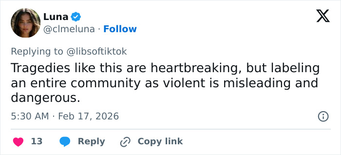 Tweet expressing concern over labeling entire communities as violent following transgender mom Roberta Esposito's posts before Rhode Island hockey tragedy.